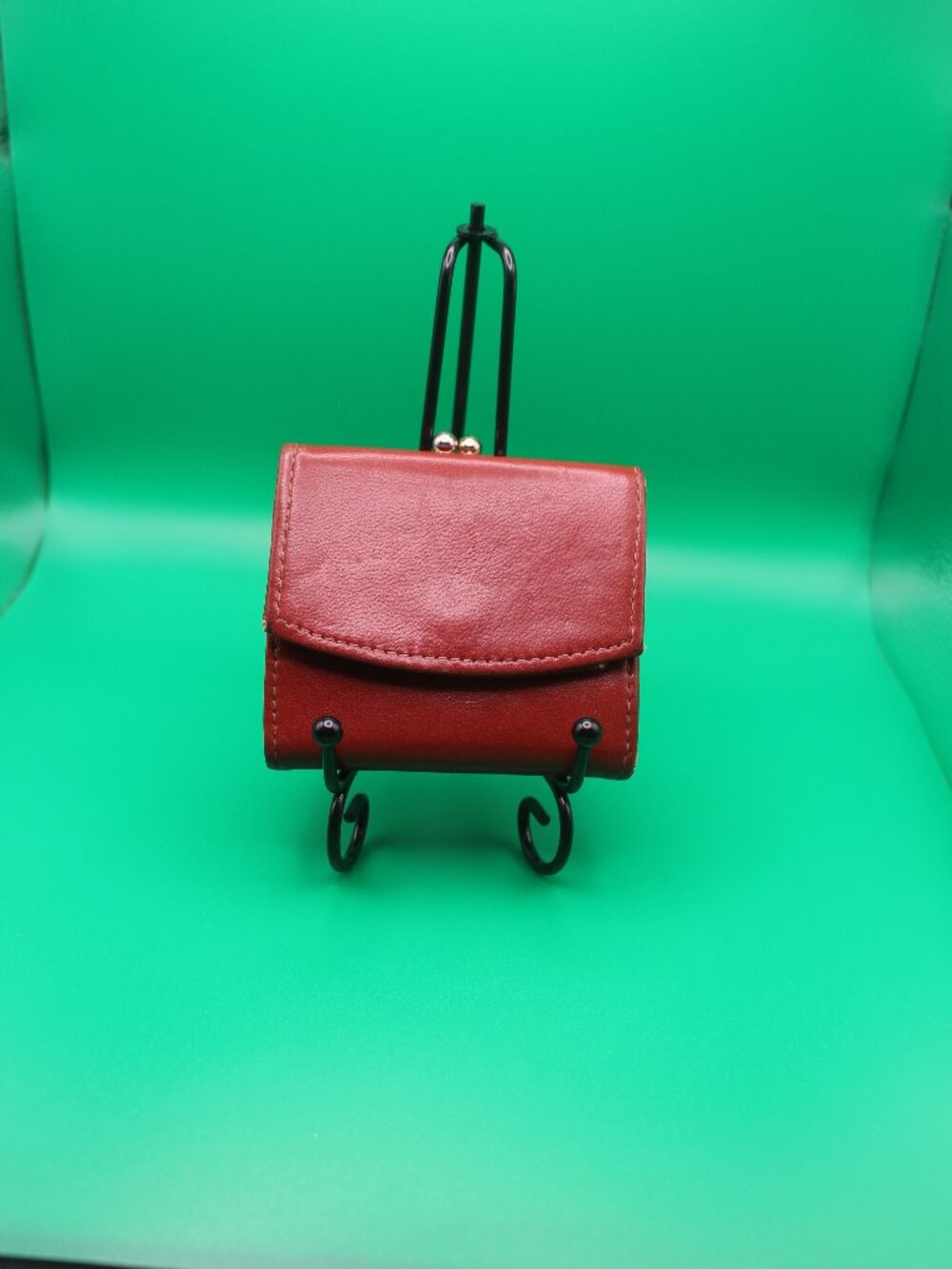 Brick Red Kidskin Leather Compact Wallet with Kiss Lock Coin Pocket